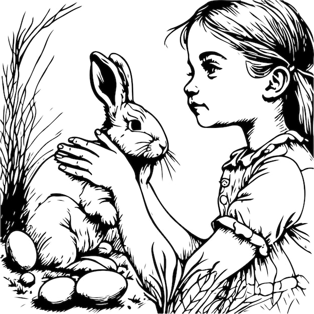 Sketch hand drawn happy easter girl with a rabbit in hands on a white background