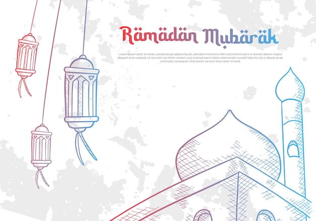 Schizzo disegnato a mano di sfondo di saluto islamico ramadan mubarak kareem con lampada lanterna e illustrazione della moschea