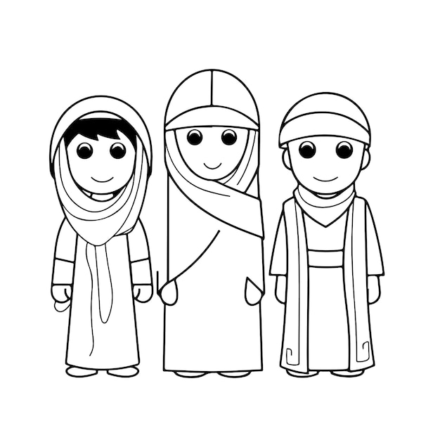 Sketch hand drawn single line art coloring page arab people day