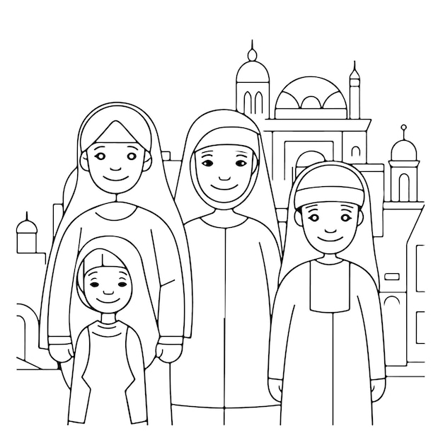 Sketch Hand drawn single line art coloring page arab people day