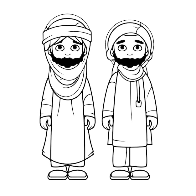 Vector sketch hand drawn single line art coloring page arab people day