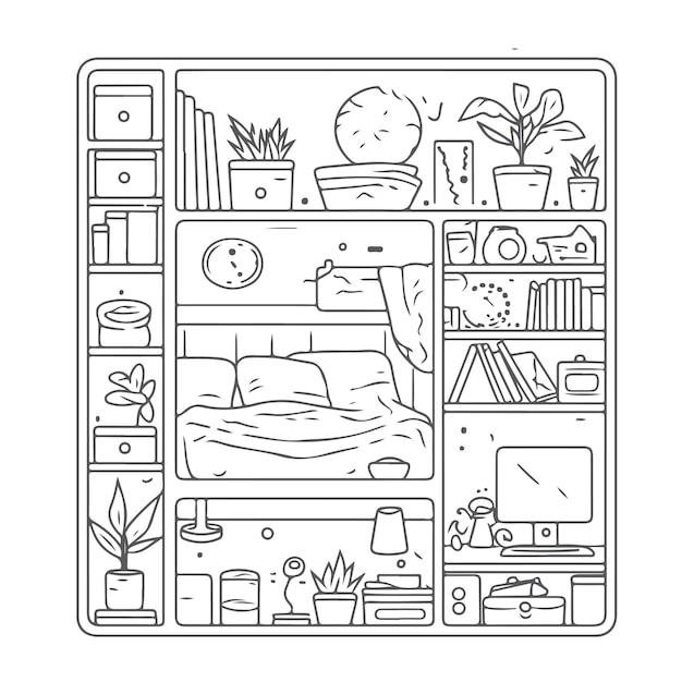 Vector sketch hand drawn single line art coloring page bad room day