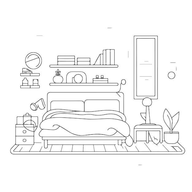 Vector sketch hand drawn single line art coloring page bad room day