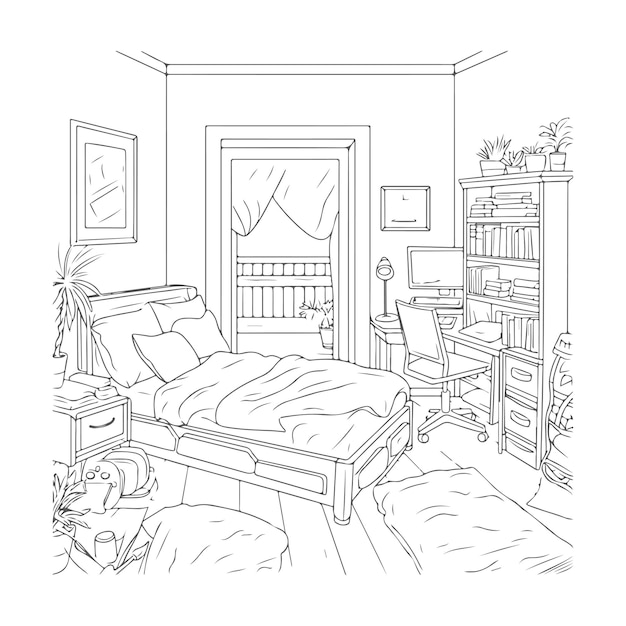 Sketch Hand drawn single line art coloring page bad room