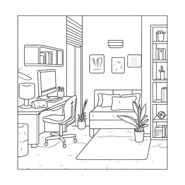 Sketch Hand drawn single line art coloring page bad room