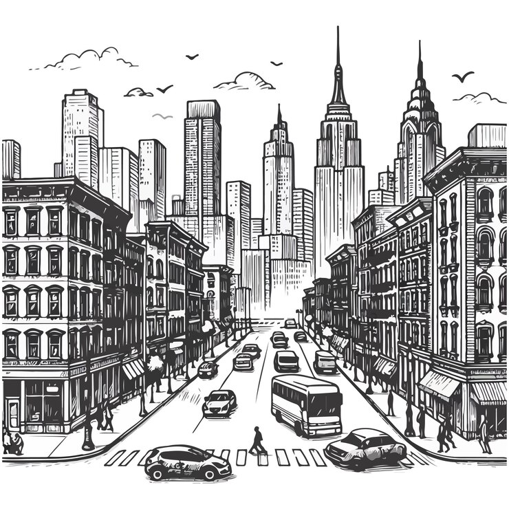 Vector sketch hand drawn single line art coloring page city day
