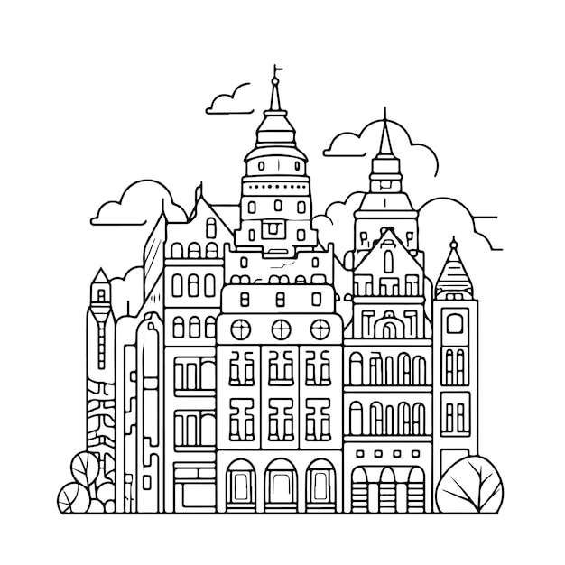 Vector sketch hand drawn single line art coloring page city day