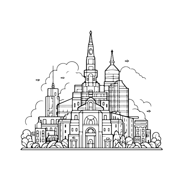 Sketch Hand drawn single line art coloring page city day