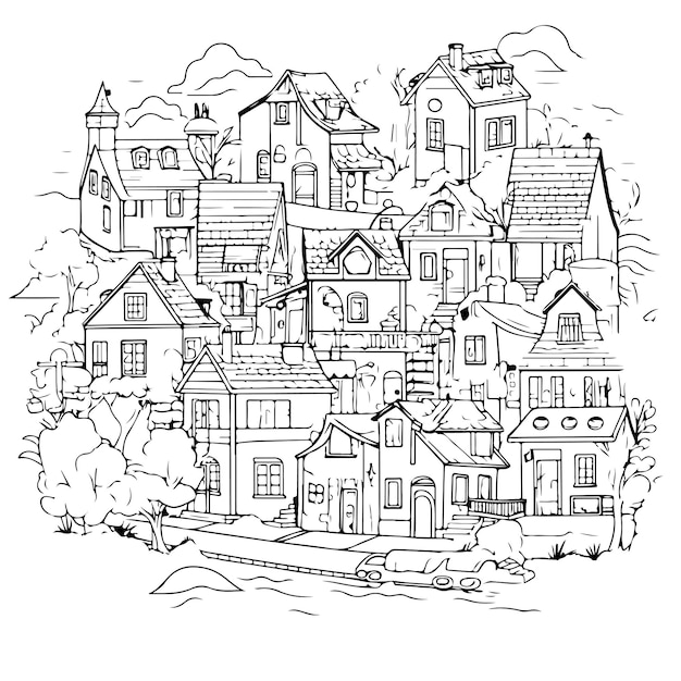 Sketch Hand drawn single line art coloring page City Day