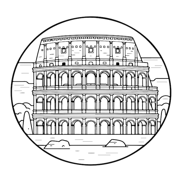 Vettore schizzo disegno a linea singola disegnata a mano pagina da colorare colosseo giorno