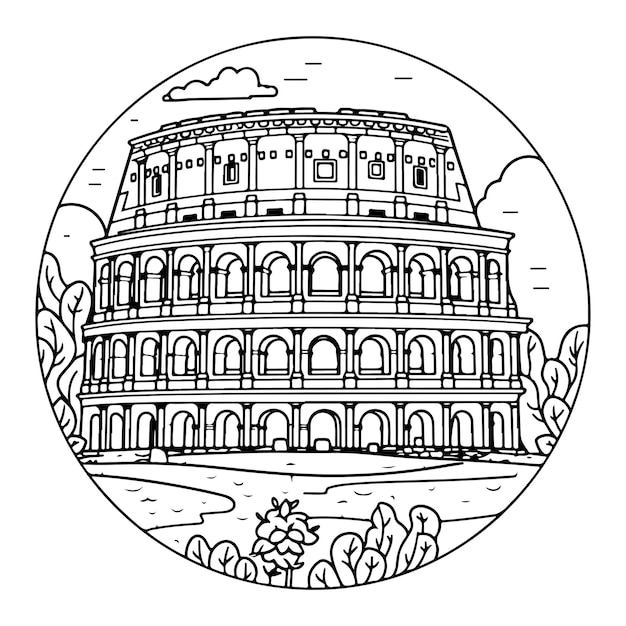 Vettore schizzo disegno a linea singola disegnata a mano pagina da colorare colosseo giorno