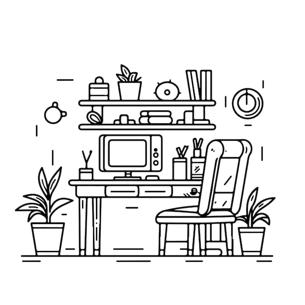 Sketch Hand drawn single line art coloring page furniture day