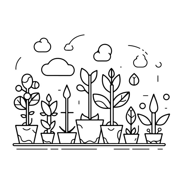 Sketch Hand drawn single line art coloring page growing plants Day