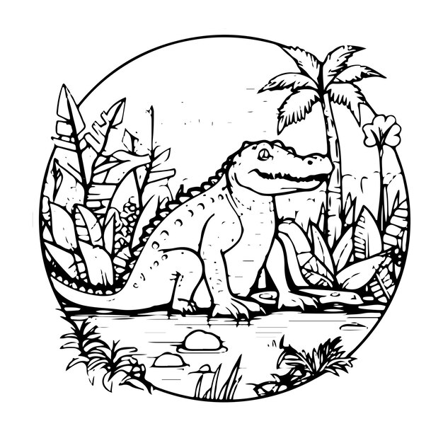 Sketch hand drawn single line art coloring page line drawing crocodile day