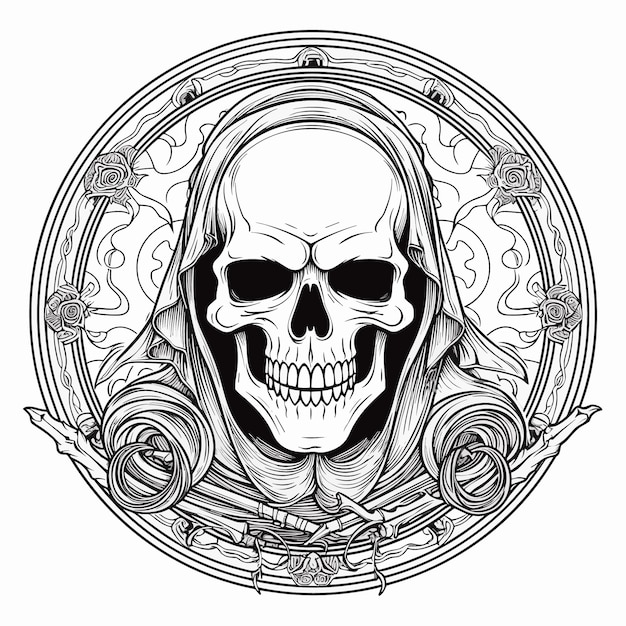 Vector sketch hand drawn single line art coloring page line drawing deatch devil skull day