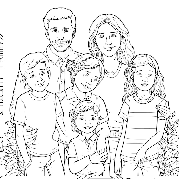 Vector sketch hand drawn single line art coloring page line drawing family day