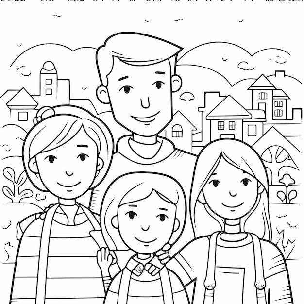 Sketch hand drawn single line art coloring page line drawing family day