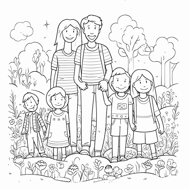 Vector sketch hand drawn single line art coloring page line drawing family day