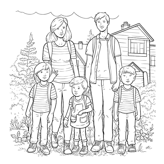 Sketch Hand drawn single line art coloring page line drawing family day