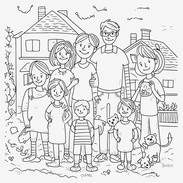 Vector sketch hand drawn single line art coloring page line drawing family day