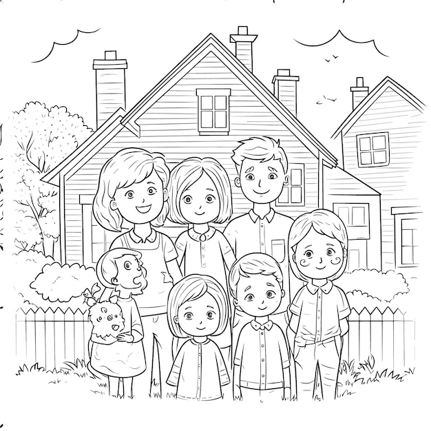 Vector sketch hand drawn single line art coloring page line drawing family day