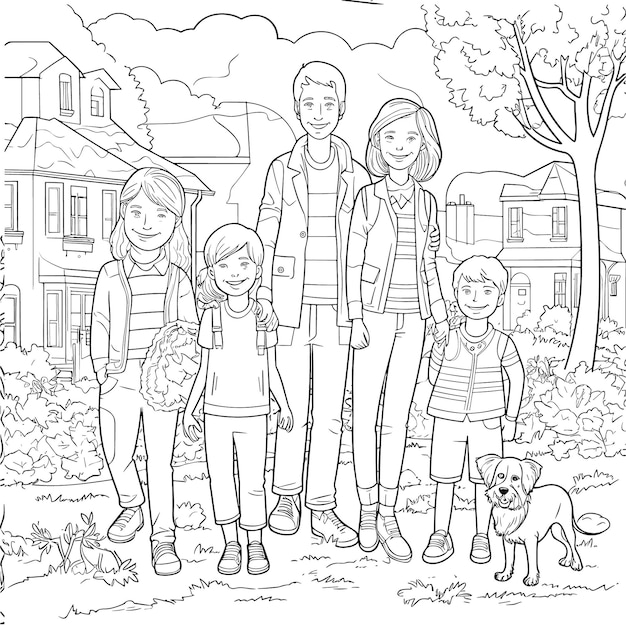 Vector sketch hand drawn single line art coloring page line drawing family day