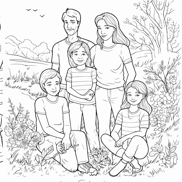 Vector sketch hand drawn single line art coloring page line drawing family day