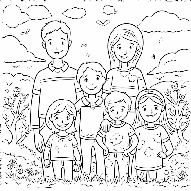 Vector sketch hand drawn single line art coloring page line drawing family day