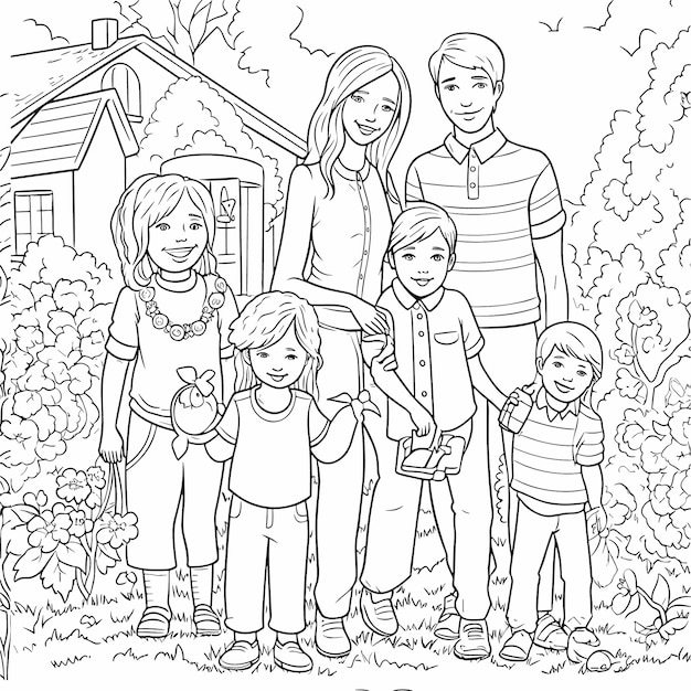 Vector sketch hand drawn single line art coloring page line drawing family day