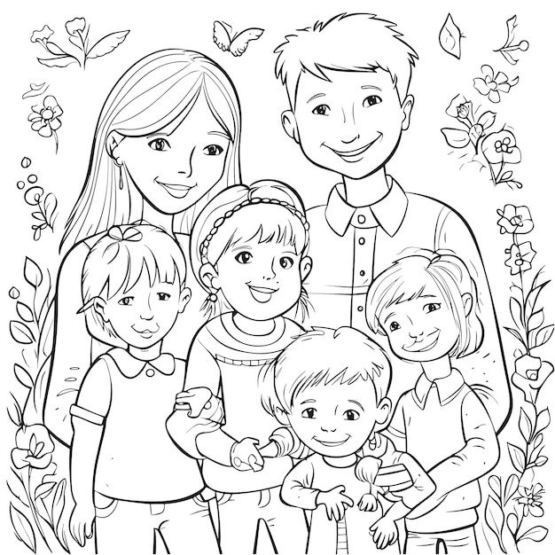 Vector sketch hand drawn single line art coloring page line drawing family day