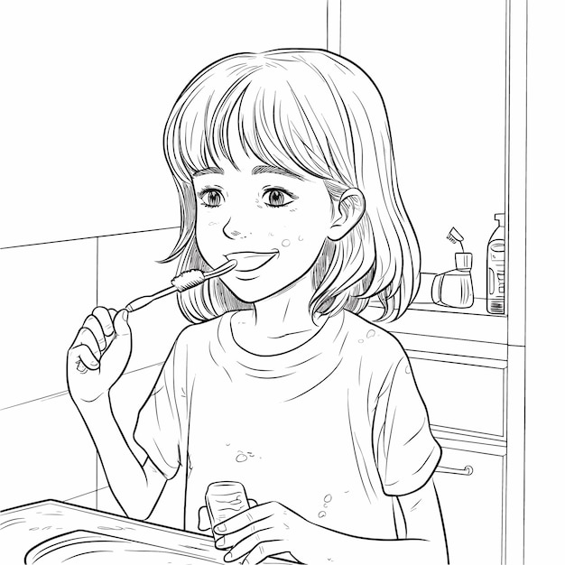 Sketch Hand drawn single line art coloring page line drawing happy girl day