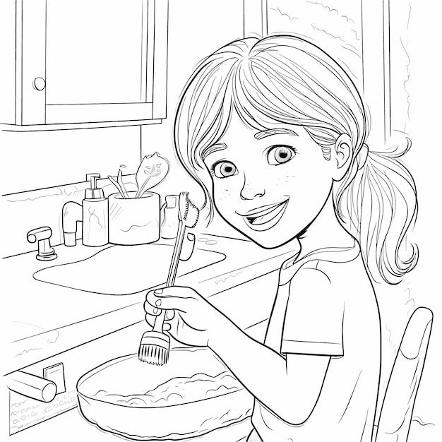 Sketch Hand drawn single line art coloring page line drawing happy girl day