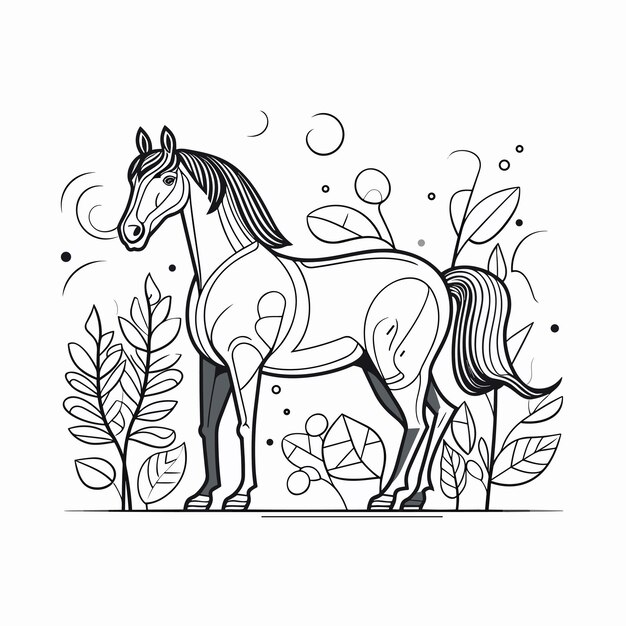 Sketch Hand drawn single line art coloring page line drawing horse in jungle day