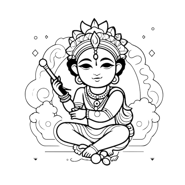 Sketch Hand drawn single line art coloring page line drawing krishna janmashtami day