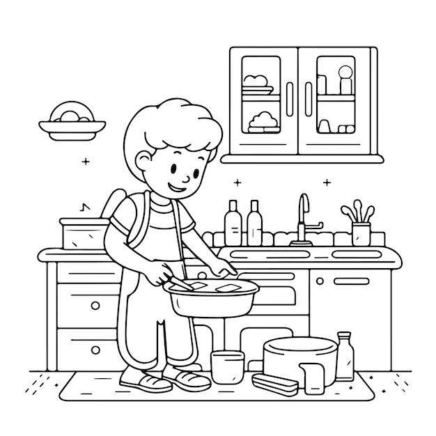 Vector sketch hand drawn single line art coloring page line drawing little boy cleaning dishes day