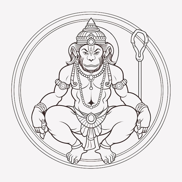 Vettore schizzo disegnato a mano a linea singola arte da colorare disegno al tratto lord hanuman day