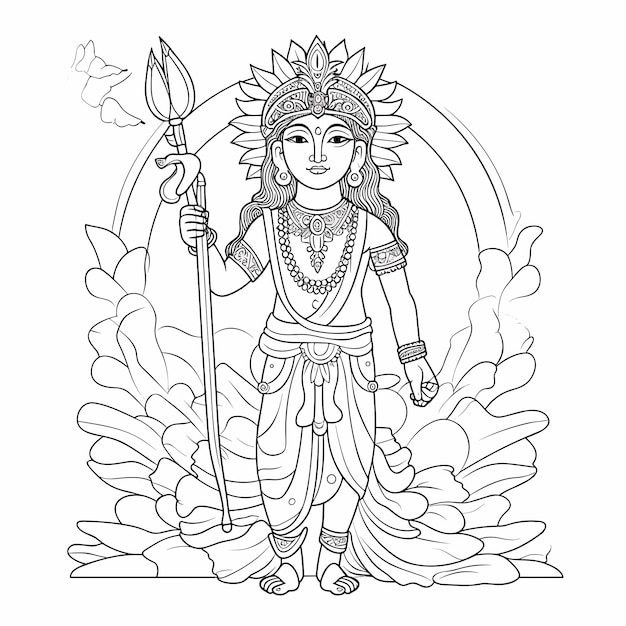 Vector sketch hand drawn single line art coloring page line drawing lord murugan day