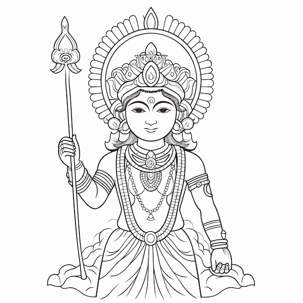 Vector sketch hand drawn single line art coloring page line drawing lord murugan day