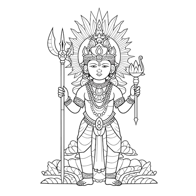 Vector sketch hand drawn single line art coloring page line drawing lord murugan day