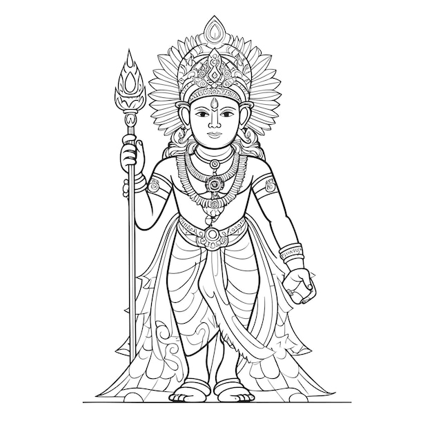 Vector sketch hand drawn single line art coloring page line drawing lord murugan day