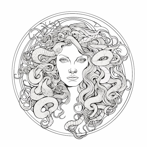 Vector sketch hand drawn single line art coloring page line drawing medusa day