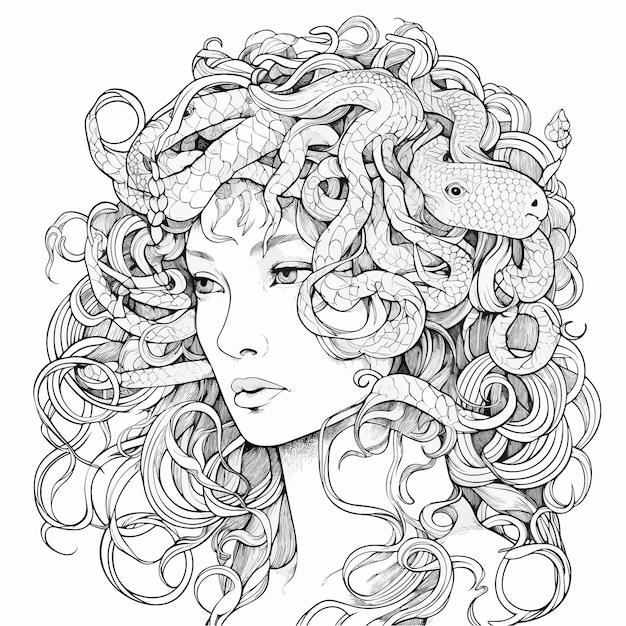 Vector sketch hand drawn single line art coloring page line drawing medusa day