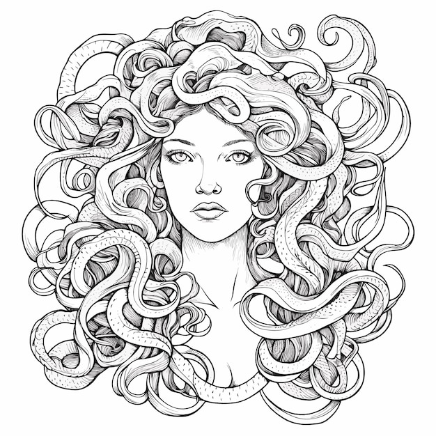 Sketch Hand drawn single line art coloring page line drawing medusa day