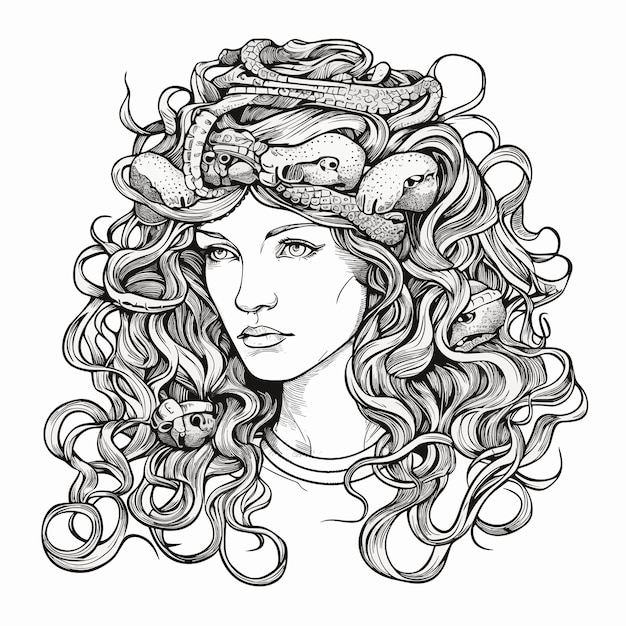 Vector sketch hand drawn single line art coloring page line drawing medusa day