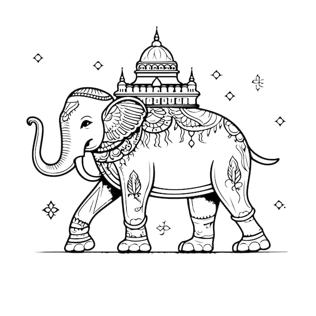 Vector sketch hand drawn single line art coloring page line drawing mysore dasara indian festival day