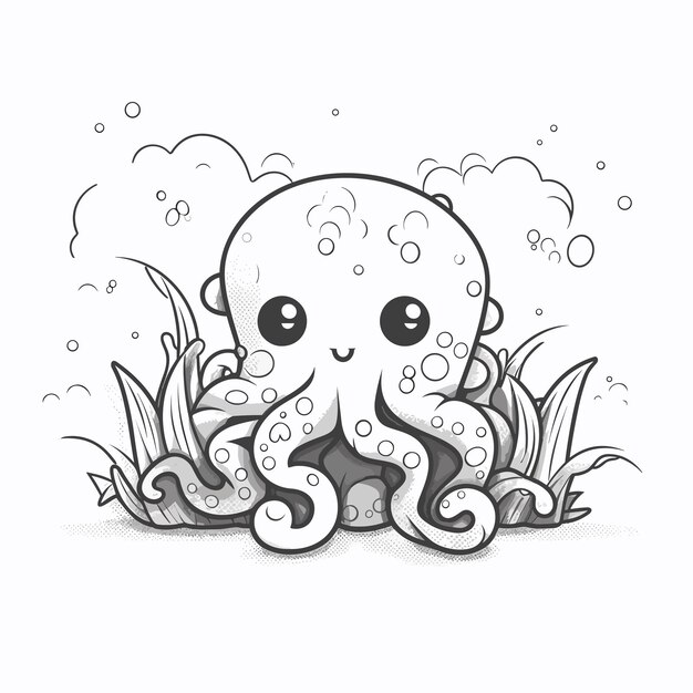 Vector sketch hand drawn single line art coloring page line drawing octopus day