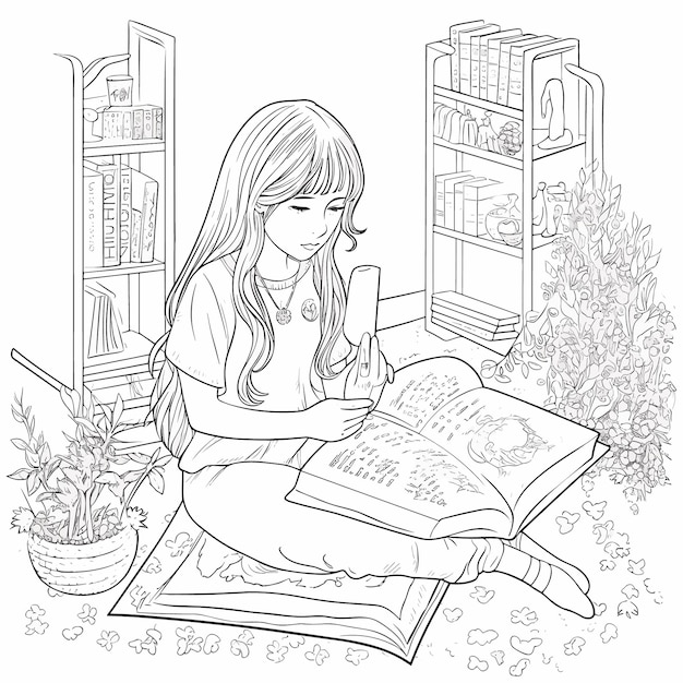 Sketch Hand drawn single line art coloring page line drawing women read book day