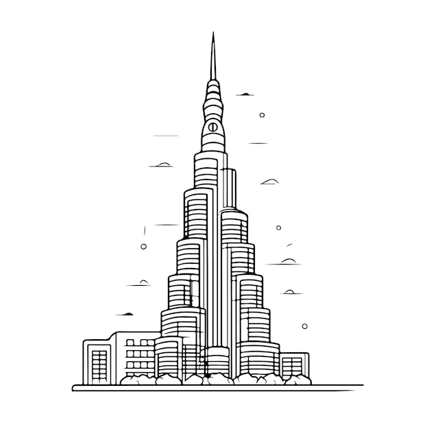 Vector sketch hand drawn single line art coloring page menara burj khalifa day