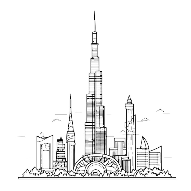 Vector sketch hand drawn single line art coloring page menara burj khalifa day