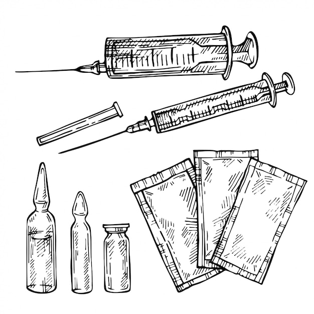 Schizzo disegnato a mano siringa, fiala e bustina di medicina. siringa, vaccino, iniezione.